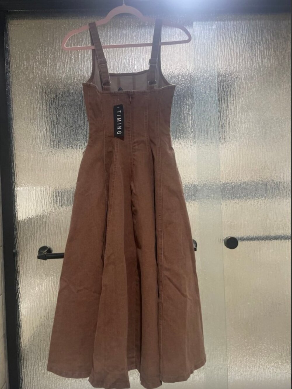 Brown denim midi dress, mocha fit and flare dress side Pockets - Picture 7 of 8